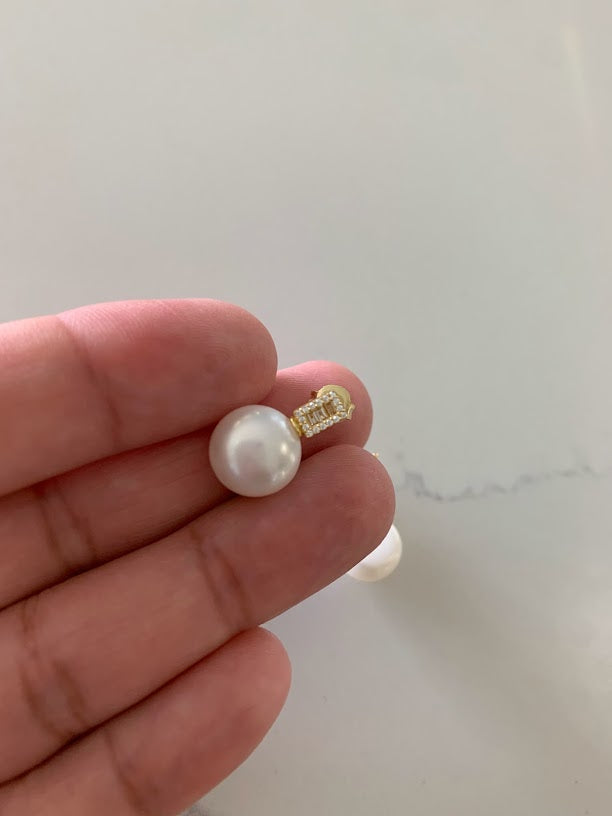 Round Large Pearls on Rectangular Baguette CZ Earrings| Baguette Earrings | Gold & Silver Bridal Earrings | Bridesmaid Wedding Gifts for Her