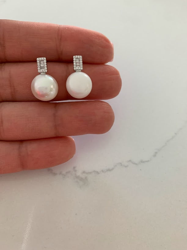 Round Large Pearls on Rectangular Baguette CZ Earrings| Baguette Earrings | Gold & Silver Bridal Earrings | Bridesmaid Wedding Gifts for Her
