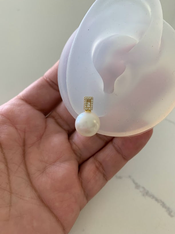 Round Large Pearls on Rectangular Baguette CZ Earrings| Baguette Earrings | Gold & Silver Bridal Earrings | Bridesmaid Wedding Gifts for Her