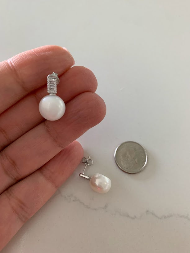 Round Large Pearls on Rectangular Baguette CZ Earrings| Baguette Earrings | Gold & Silver Bridal Earrings | Bridesmaid Wedding Gifts for Her