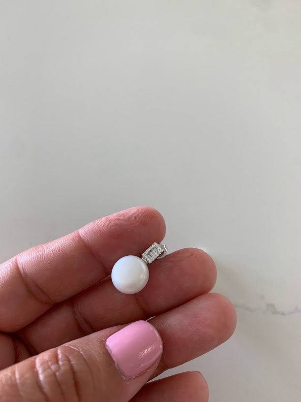 Round Large Pearls on Rectangular Baguette CZ Earrings| Baguette Earrings | Gold & Silver Bridal Earrings | Bridesmaid Wedding Gifts for Her