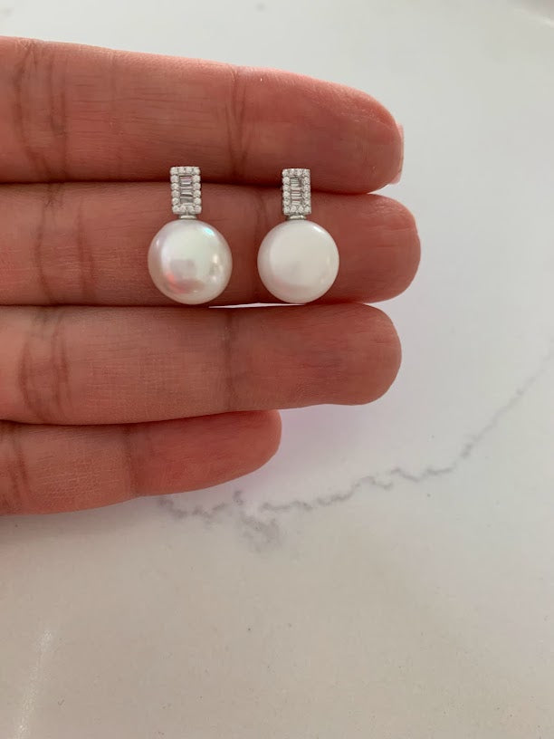 Round Large Pearls on Rectangular Baguette CZ Earrings| Baguette Earrings | Gold & Silver Bridal Earrings | Bridesmaid Wedding Gifts for Her
