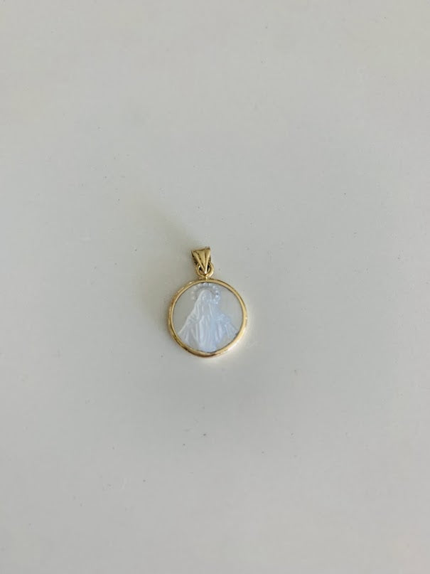 13MM 14K Round Gold Virgin of Miracles with Mother Pearl | Yellow Gold Pendant | Catholic Pendant | 14K Gold Pendant