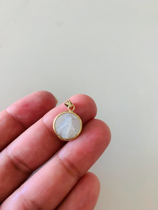 13MM 14K Round Gold Virgin of Miracles with Mother Pearl | Yellow Gold Pendant | Catholic Pendant | 14K Gold Pendant