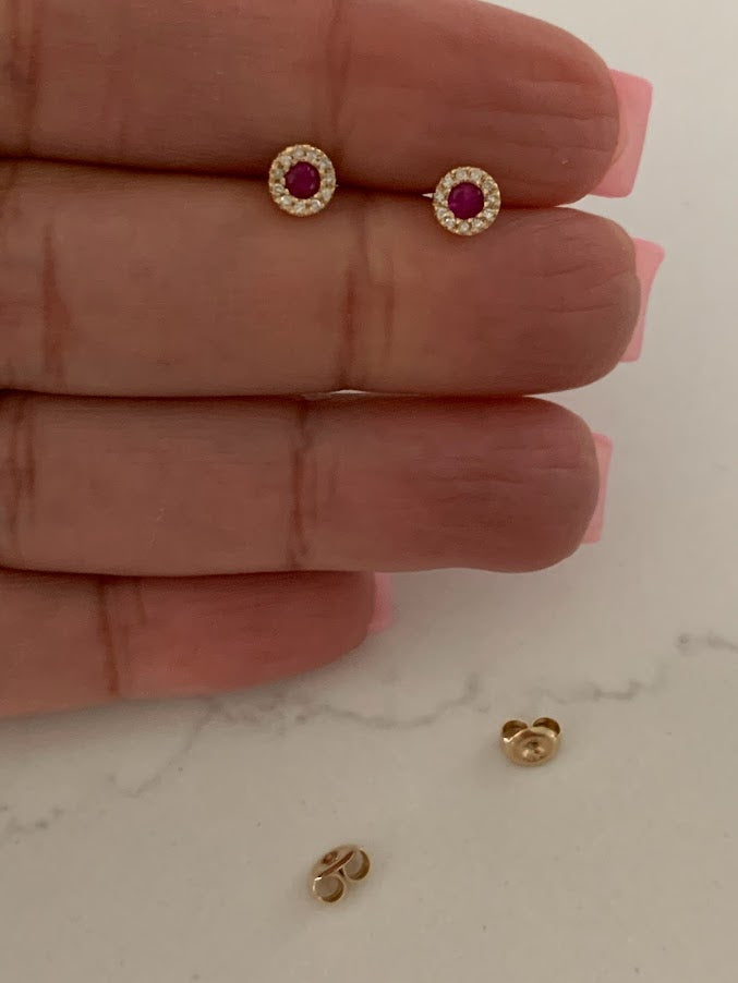 14K Gold Ruby with Diamonds Studs, Halo Earring, Yellow/White Gold Halo Round Prong Ruby Earrings,