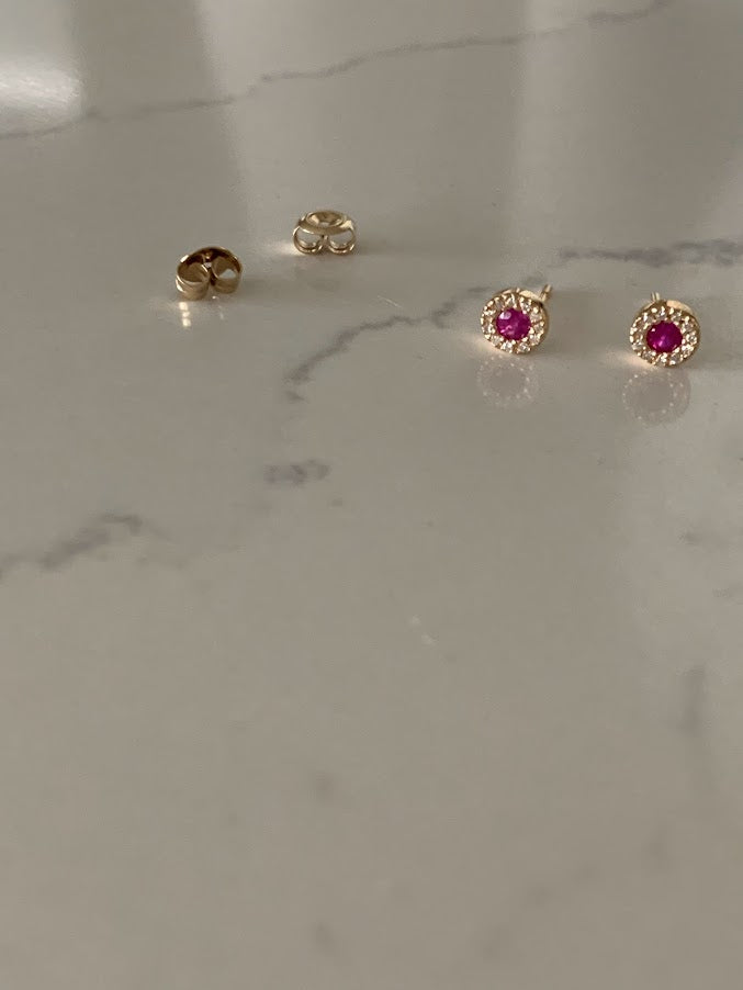 14K Gold Ruby with Diamonds Studs, Halo Earring, Yellow/White Gold Halo Round Prong Ruby Earrings,
