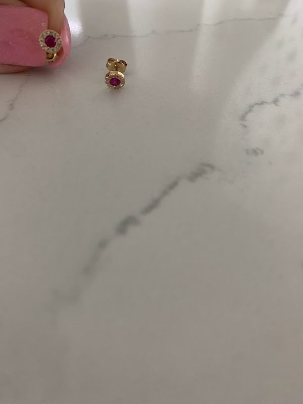 14K Gold Ruby with Diamonds Studs, Halo Earring, Yellow/White Gold Halo Round Prong Ruby Earrings,