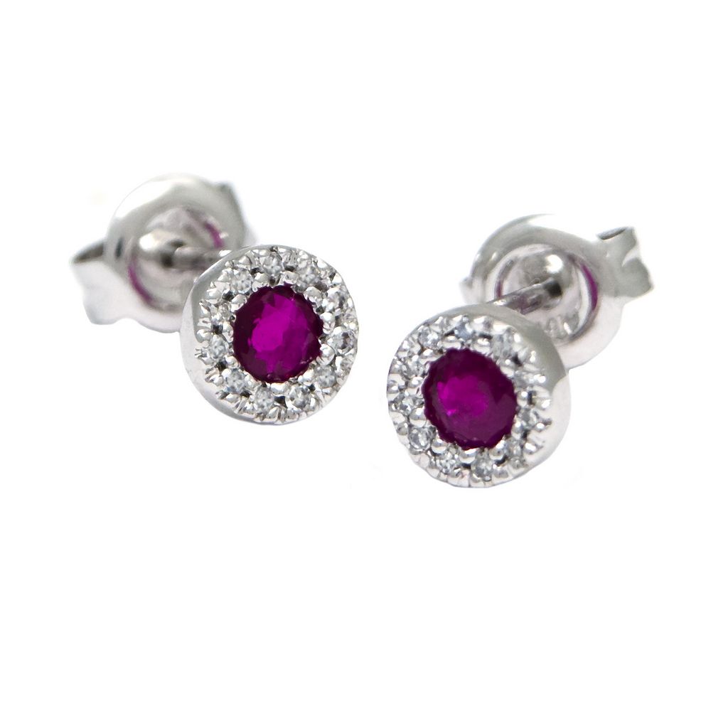14K Gold Ruby with Diamonds Studs, Halo Earring, Yellow/White Gold Halo Round Prong Ruby Earrings,