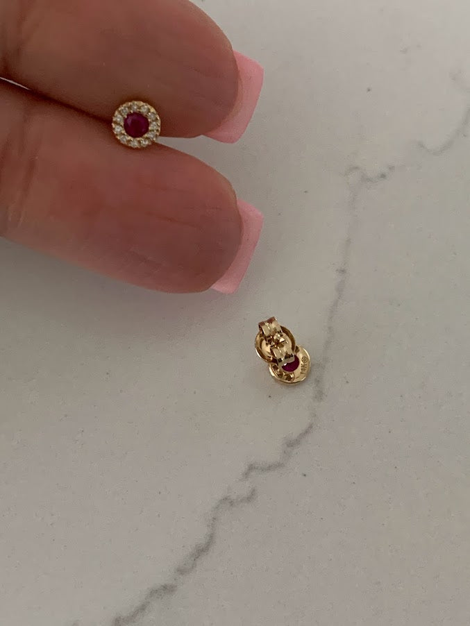 14K Gold Ruby with Diamonds Studs, Halo Earring, Yellow/White Gold Halo Round Prong Ruby Earrings,