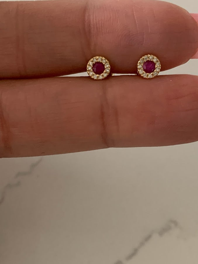 14K Gold Ruby with Diamonds Studs, Halo Earring, Yellow/White Gold Halo Round Prong Ruby Earrings,