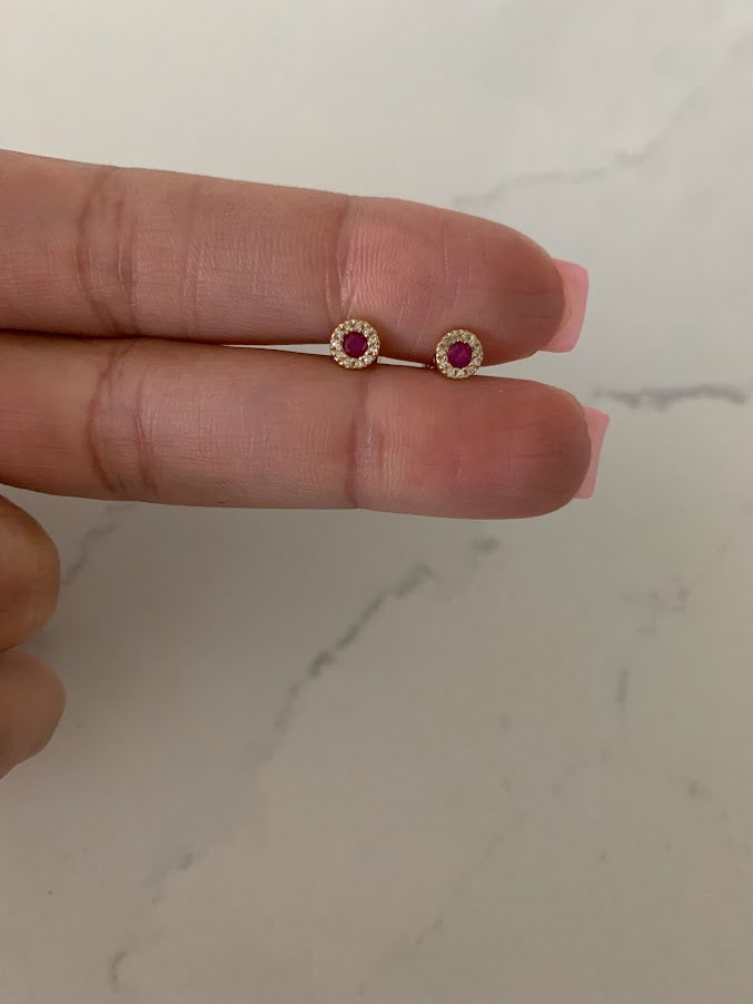 14K Gold Ruby with Diamonds Studs, Halo Earring, Yellow/White Gold Halo Round Prong Ruby Earrings,