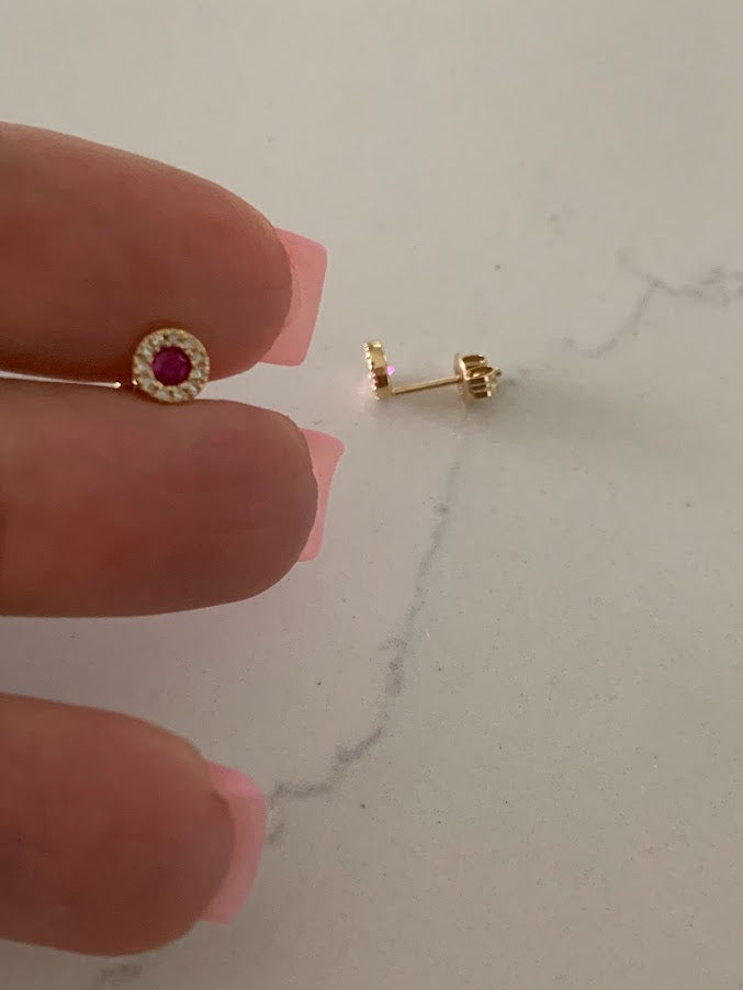 14K Gold Ruby with Diamonds Studs, Halo Earring, Yellow/White Gold Halo Round Prong Ruby Earrings,