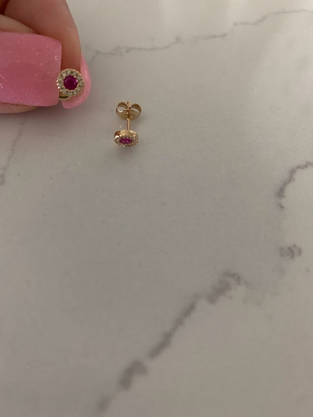 14K Gold Ruby with Diamonds Studs, Halo Earring, Yellow/White Gold Halo Round Prong Ruby Earrings,