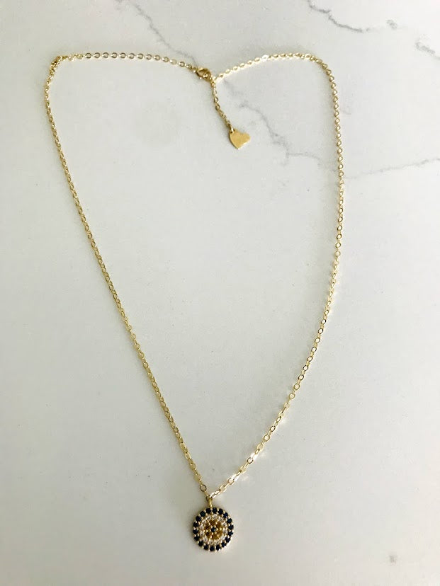 14K Gold Evil Eye Necklace with Dark Blue, Yellow and Clear Zirconia