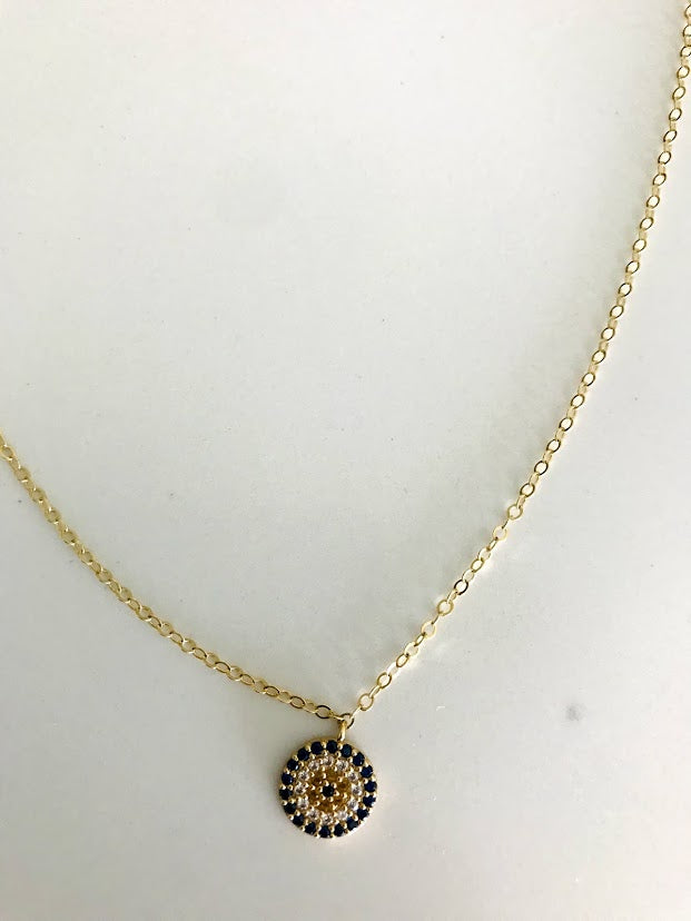 14K Gold Evil Eye Necklace with Dark Blue, Yellow and Clear Zirconia