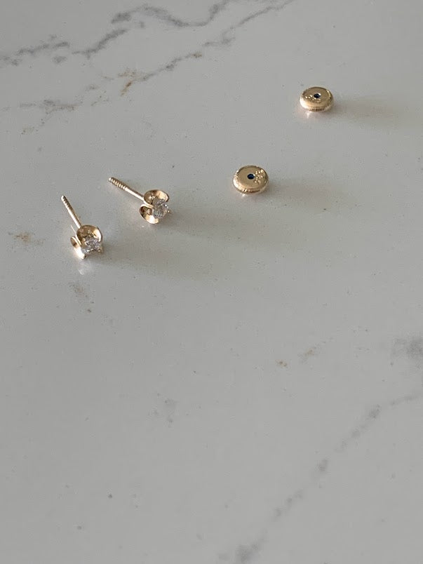 14K Gold 4MM Cubic ZC Studs on Four Prongs • CZ Earrings • 4 Prong Screw back Circular Studs • Cubic Zirconia 4 Prong Studs • 4MM C/Z