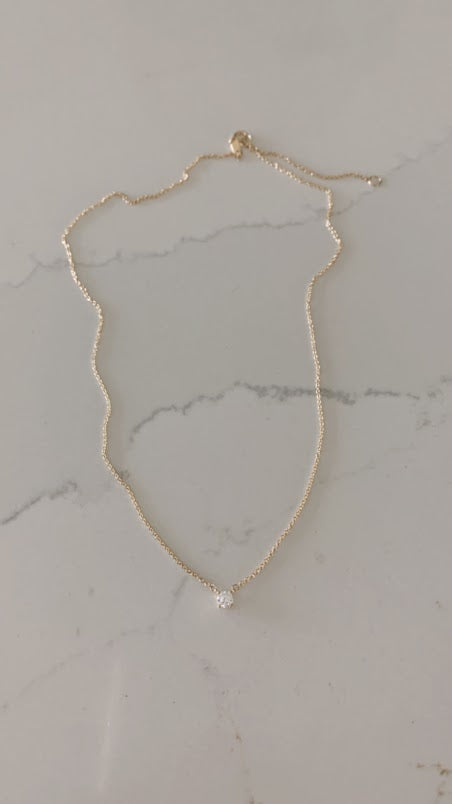 14k Solid Gold 5MM Cubic ZC Solitaire Necklace, Layering Necklace, Solitaire Necklace, 16"-18" Necklace