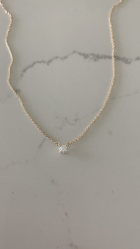 14k Solid Gold 5MM Cubic ZC Solitaire Necklace, Layering Necklace, Solitaire Necklace, 16"-18" Necklace
