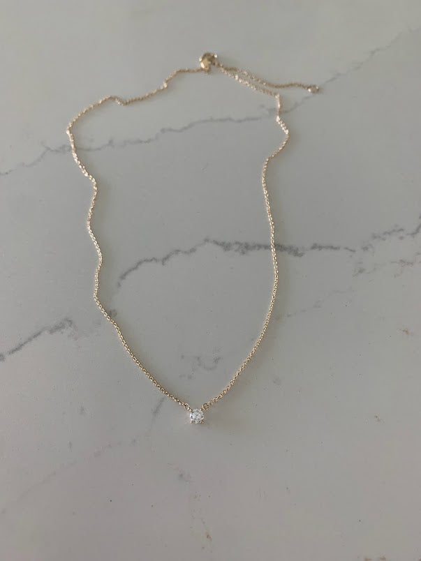 14k Solid Gold 5MM Cubic ZC Solitaire Necklace, Layering Necklace, Solitaire Necklace, 16"-18" Necklace