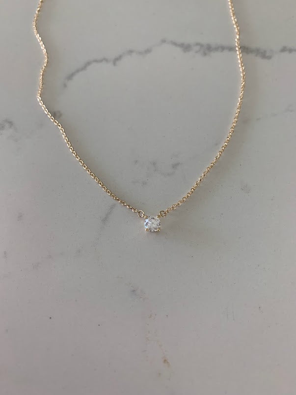 14k Solid Gold 5MM Cubic ZC Solitaire Necklace, Layering Necklace, Solitaire Necklace, 16"-18" Necklace