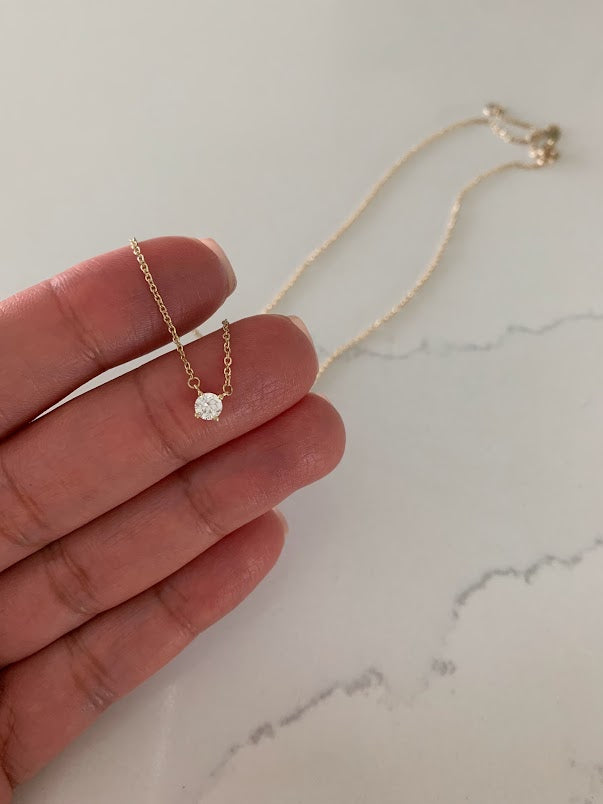 14k Solid Gold 5MM Cubic ZC Solitaire Necklace, Layering Necklace, Solitaire Necklace, 16"-18" Necklace