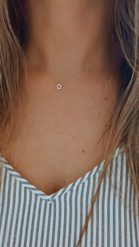 14k Solid Gold Open Star Necklace, Dainty Necklace, Layering Necklace, Star Necklace, 7MM Star Necklace
