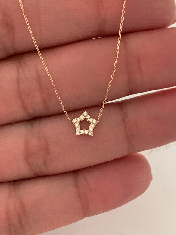 14k Solid Gold Open Star Necklace, Dainty Necklace, Layering Necklace, Star Necklace, 7MM Star Necklace