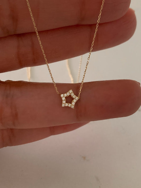 14k Solid Gold Open Star Necklace, Dainty Necklace, Layering Necklace, Star Necklace, 7MM Star Necklace