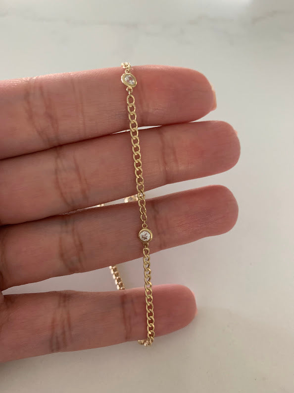 Bezel Anklet / 14k Gold CZ Station Anklet/ Bridal Zirconia Anklet / Everyday Anklet / Diamond Alike Anklet