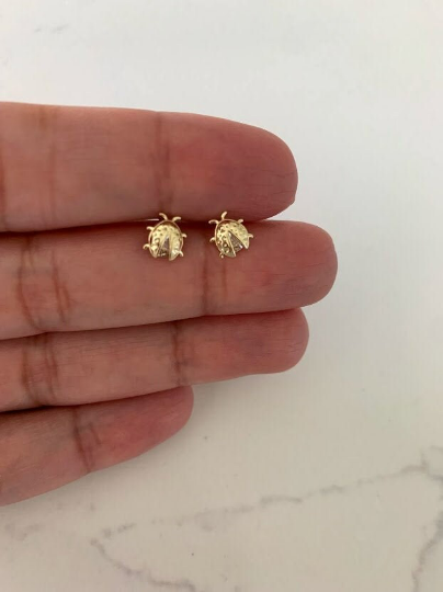 14K Bezel Ladybug Earrings, Dainty Earrings, Women Earrings, Kid Earrings, Solid Gold Ladybugs, Gold Ladybugs, Gold Earrings