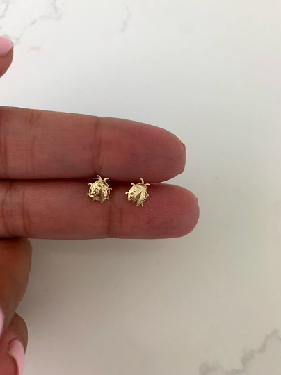 14K Bezel Ladybug Earrings, Dainty Earrings, Women Earrings, Kid Earrings, Solid Gold Ladybugs, Gold Ladybugs, Gold Earrings