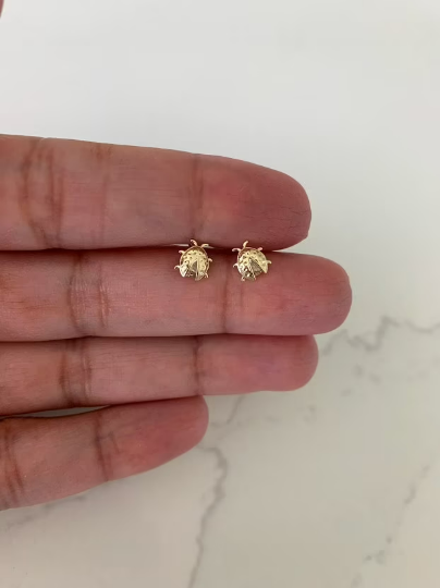 14K Bezel Ladybug Earrings, Dainty Earrings, Women Earrings, Kid Earrings, Solid Gold Ladybugs, Gold Ladybugs, Gold Earrings