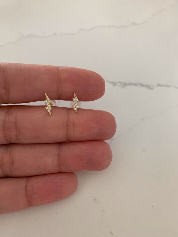14K Gold Tiny Lightning Bolt Pave Stud Earrings | Minimalist Earrings | Everyday Earrings | Dainty Earrings Lightning Studs