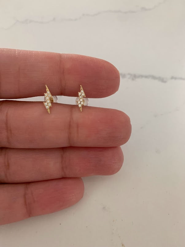14K Gold Tiny Lightning Bolt Pave Stud Earrings | Minimalist Earrings | Everyday Earrings | Dainty Earrings Lightning Studs