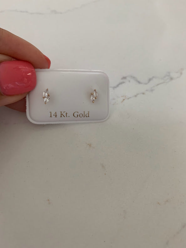 14K Solid Gold Marquise Cubic ZC Earrings, Marquise Studs, Push Back Studs, Beautiful and Elegant Dainty Earrings