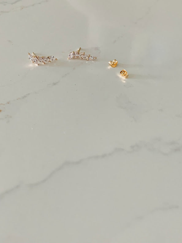 14K Solid Gold Marquise Cubic ZC Earrings, Marquise Studs, Crawler Push Back Studs, Beautiful and Elegant Dainty Earrings