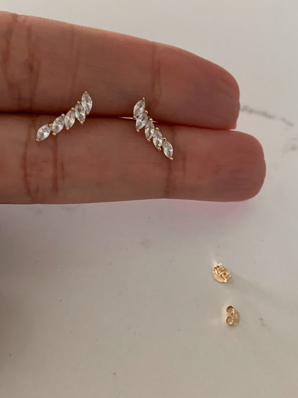 14K Solid Gold Marquise Cubic ZC Earrings, Marquise Studs, Crawler Push Back Studs, Beautiful and Elegant Dainty Earrings