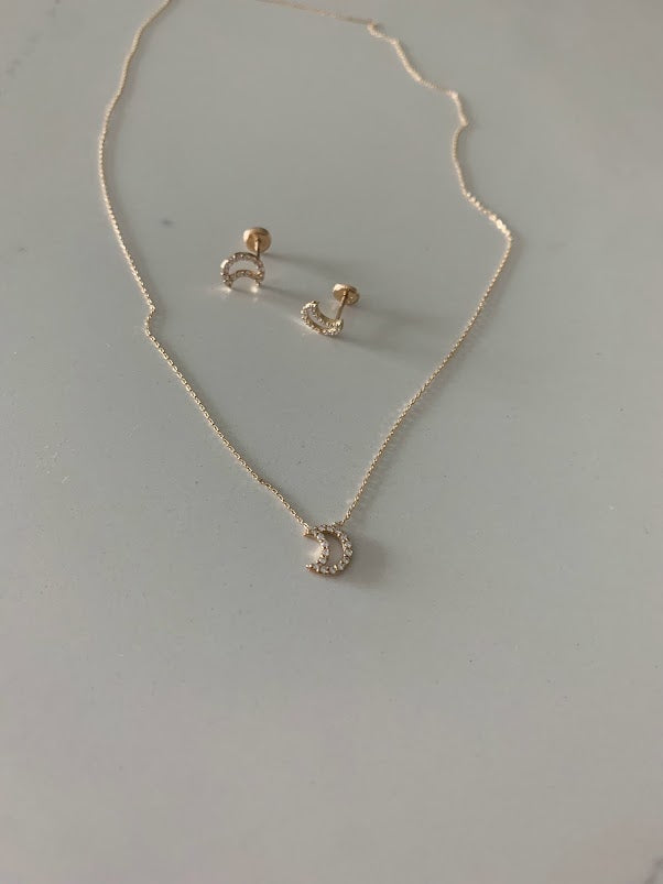 14K Solid Gold Moon Necklace with Cubic ZC | Yellow Gold Moon Necklace | Moon Necklace | 14K Solid Gold Necklace |