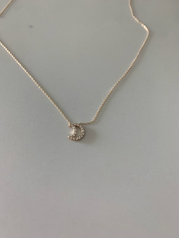 14K Solid Gold Moon Necklace with Cubic ZC | Yellow Gold Moon Necklace | Moon Necklace | 14K Solid Gold Necklace |
