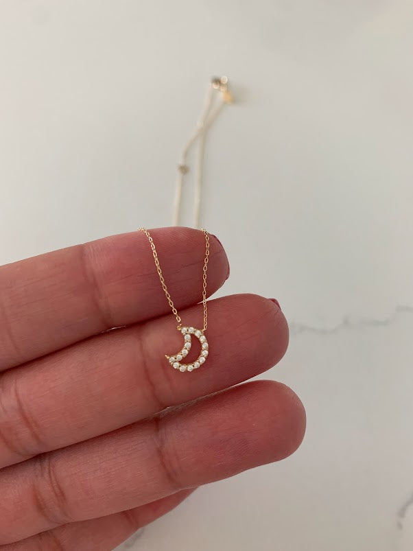 14K Solid Gold Moon Necklace with Cubic ZC | Yellow Gold Moon Necklace | Moon Necklace | 14K Solid Gold Necklace |
