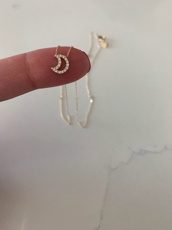 14K Solid Gold Moon Necklace with Cubic ZC | Yellow Gold Moon Necklace | Moon Necklace | 14K Solid Gold Necklace |