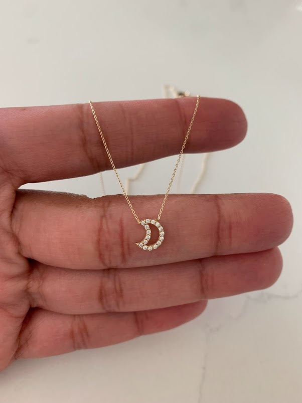 14K Solid Gold Moon Necklace with Cubic ZC | Yellow Gold Moon Necklace | Moon Necklace | 14K Solid Gold Necklace |