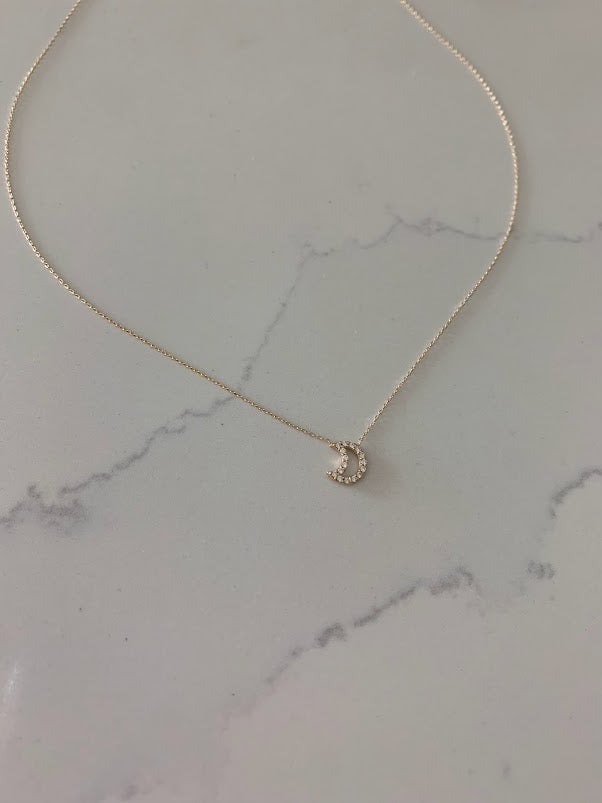14K Solid Gold Moon Necklace with Cubic ZC | Yellow Gold Moon Necklace | Moon Necklace | 14K Solid Gold Necklace |