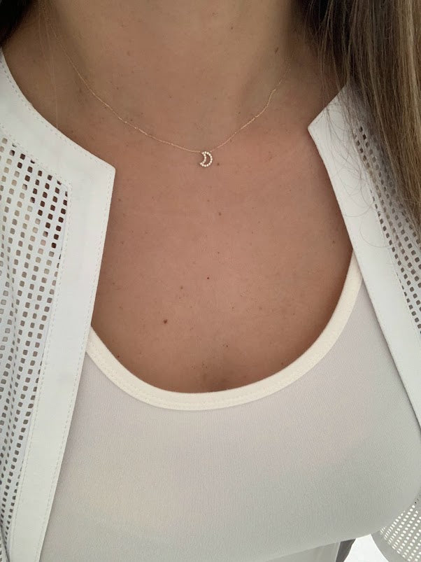 14K Solid Gold Moon Necklace with Cubic ZC | Yellow Gold Moon Necklace | Moon Necklace | 14K Solid Gold Necklace |