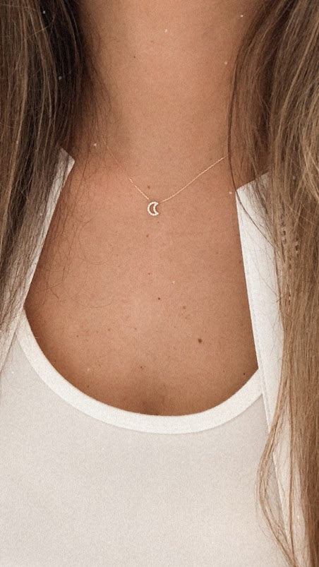 14K Solid Gold Moon Necklace with Cubic ZC | Yellow Gold Moon Necklace | Moon Necklace | 14K Solid Gold Necklace |