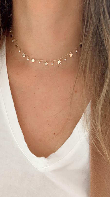 14k Solid Gold Multi Stars and Pearls Necklace, Dainty Necklace, Layering Necklace, Stars Necklace, Adjustable Necklace