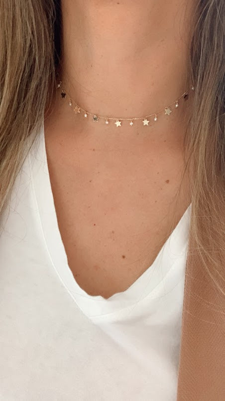 14k Solid Gold Multi Stars and Pearls Necklace, Dainty Necklace, Layering Necklace, Stars Necklace, Adjustable Necklace