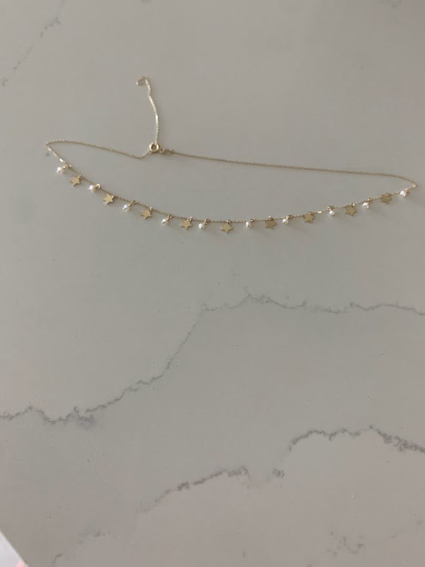 14k Solid Gold Multi Stars and Pearls Necklace, Dainty Necklace, Layering Necklace, Stars Necklace, Adjustable Necklace