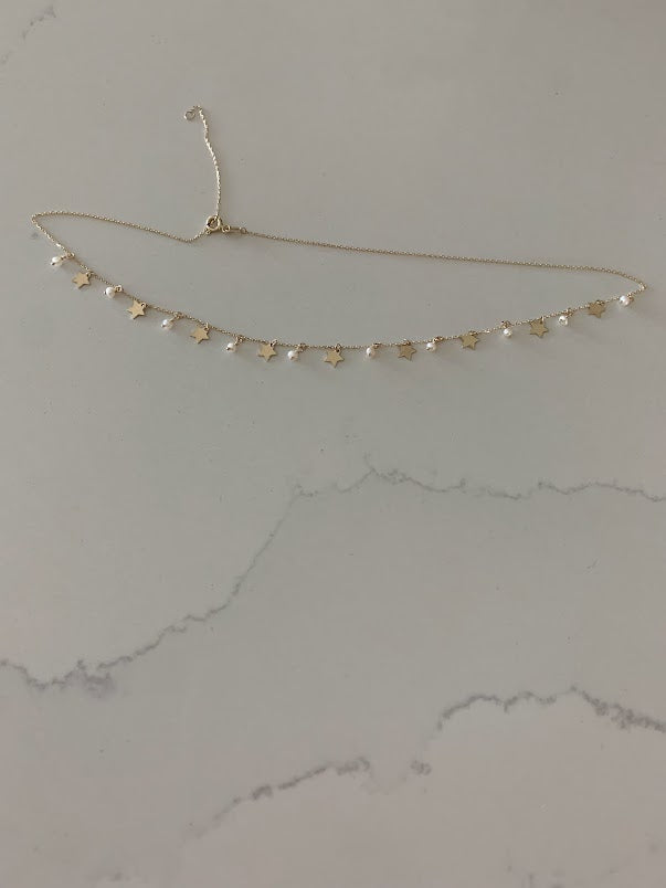 14k Solid Gold Multi Stars and Pearls Necklace, Dainty Necklace, Layering Necklace, Stars Necklace, Adjustable Necklace