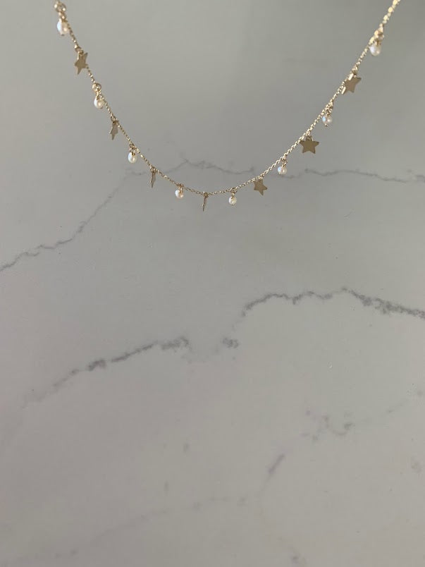14k Solid Gold Multi Stars and Pearls Necklace, Dainty Necklace, Layering Necklace, Stars Necklace, Adjustable Necklace